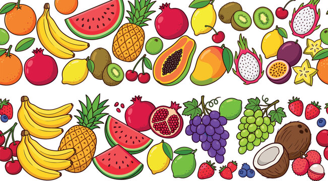 Fresh fruits seamless border pattern vector set collection featuring cartoon banana watermelon pineapple grapes and tropical fruits isolated on white background
