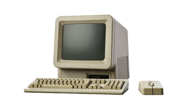 Vintage beige computer monitor keyboard and mouse, isolated on transparent background