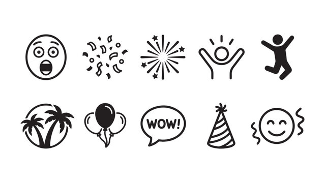 party celebration icons set including balloons wow speech bubble confetti sparkle and birthday hat symbols vector illustration isolated on white background