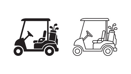 Fototapeta premium Two styles of golf cart icons featuring a solid black silhouette version and a simple line art outline version for sports branding and navigation design elements to represent vehicle transportation