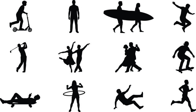 Black silhouette of diverse people performing various activities black silhouettes exercise yoga des