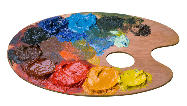 Artist s wooden palette with vibrant oil paints, isolated on transparent background