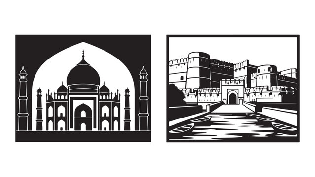 Black and white vector illustration set featuring the iconic Taj Mahal mausoleum and a historic Indian fort with a river and boats in front for travel design projects and cultural heritage themes