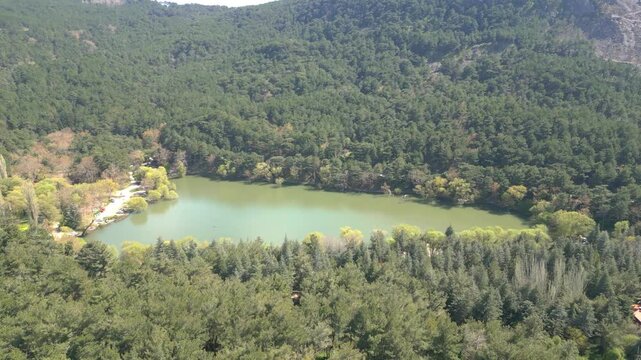 Aerial View of Karagol Lake Surrounded by Dense Green Pine Forest in Izmir Turkey. High quality 4k footage