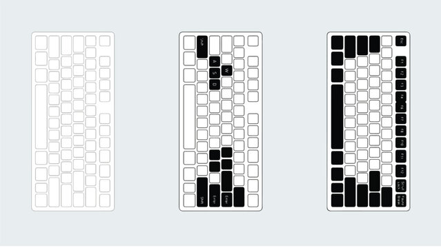 Three computer keyboard layouts showing different button activation patterns in a minimalist graphic design style with black and white keys for modern technology and digital interface concept art
