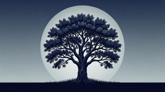 Solitary oak tree standing against large full moon backdrop
