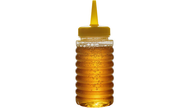 Golden honey in a clear plastic squeeze bottle with yellow cap, isolated on transparent background