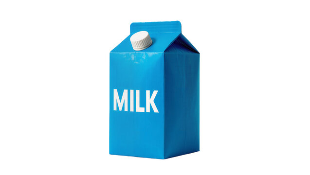 Blue milk carton with white cap and text, isolated on transparent background