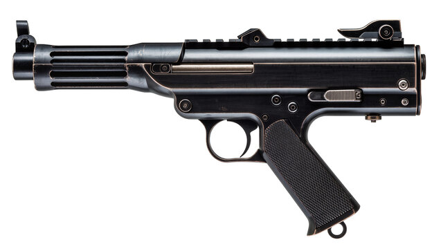 Black tactical submachine gun with ribbed barrel, isolated on transparent background