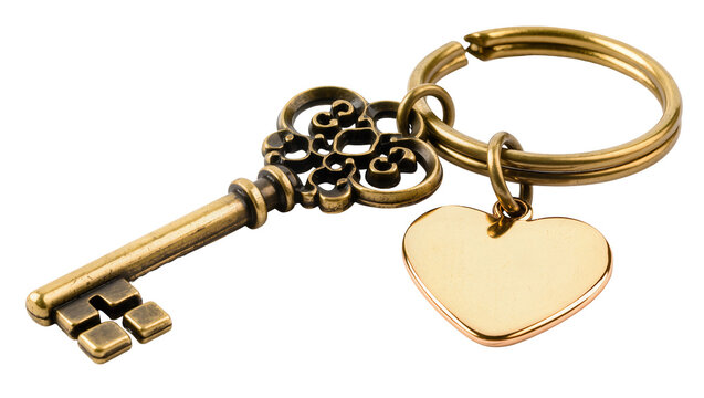 Antique brass skeleton key with heart charm on keychain, isolated on transparent background