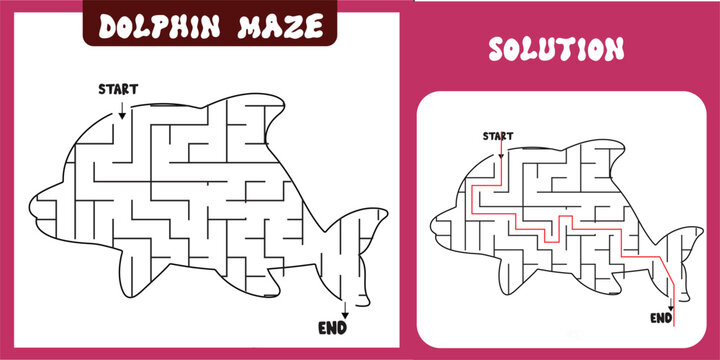 Dolphin Fish Shaped Labyrinth Puzzle brain game abstract maze with Solution for kids and adults.fun logic Education children worksheet  illustration isolated on white background