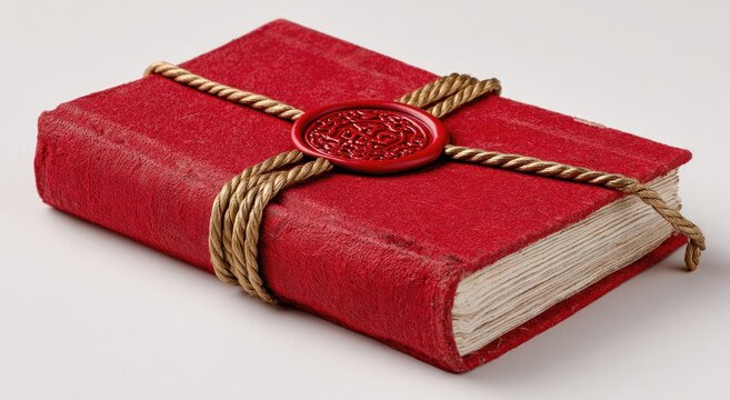 A scarlet fabric-bound book, tied with gold cord and sealed with wax