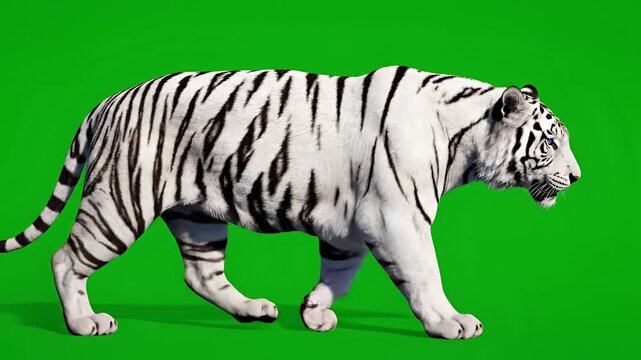 Majestic White Tiger Prowls on Vibrant Green Screen Background.