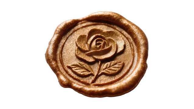Bronze wax seal with rose and leaves design, isolated on transparent background