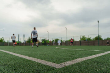 Obraz premium Wide angle view of a green soccer field with white boundary markings under a cloudy sky, professional football stadium backdrop, outdoor training arena