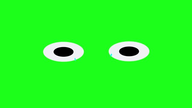 Animated cartoon eyes crying with tears on green screen background.
