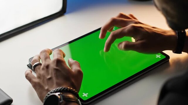 Close-up of Persons Hands Interacting with a Tablets Green Screen.