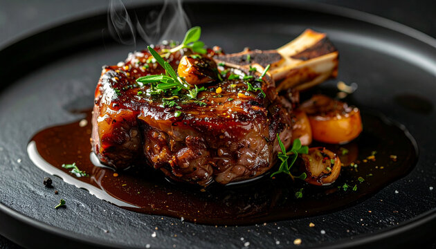 Osso buco veal shank with marrow bone and rich glossy reduction sauce fine dining close up