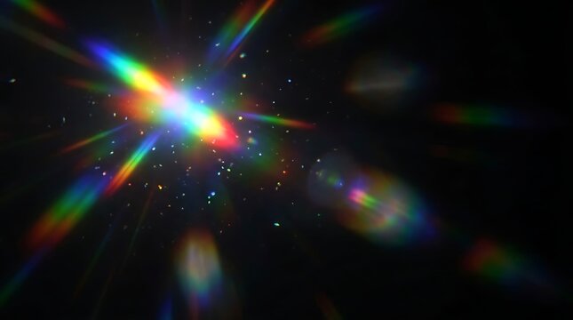 Vibrant Rainbow Lens Flare Effect with Sparkling Particles on Black Background