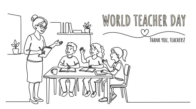 Continuous line drawing of a teacher instructing young students in a classroom setting for World Teachers Day.