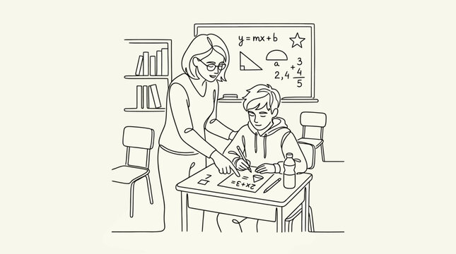 Teacher assisting student with mathematics at school desk line art.