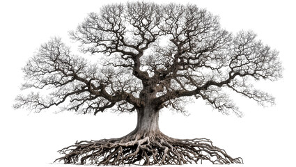 Massive ancient oak tree with exposed gnarled roots, isolated on transparent background © Elena