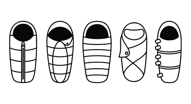 Sleeping bag camping gear vector icons: Clipart, sticker - icon set - Line and glyph solid icon and logo template 
