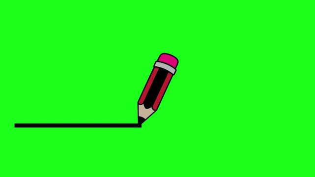 Animated cartoon pencil drawing a straight line on green screen.