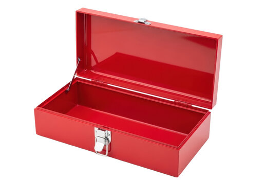 Bright red, highly glossy, empty metal toolbox, open with silver latch, isolated on a transparent background with even studio lighting, concept for product advertising.