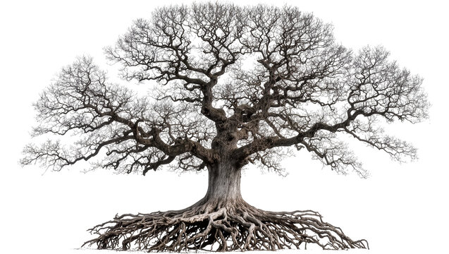 Massive ancient oak tree with exposed gnarled roots, isolated on transparent background