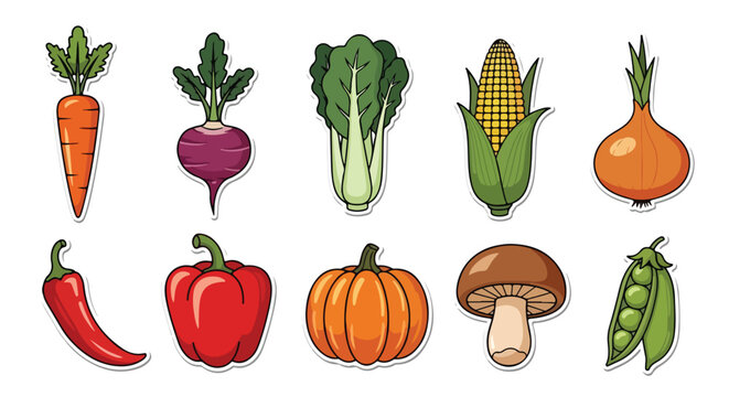 Fresh organic vegetable sticker set icon: Icon set - Minimalist, flat icon, outline, glyph, linear, clipart, sticker 