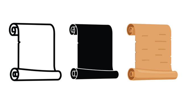 Old parchment paper scroll icon set: Icon set - Minimalist, flat icon, outline, glyph, linear, clipart, sticker 