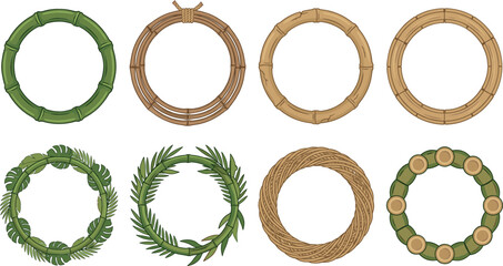 Bamboo frame vector set collection featuring round circular wooden borders tropical leaves jungle foliage and rustic rope rings isolated on white background © MstHura