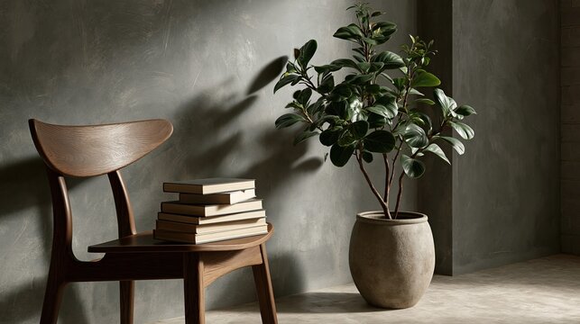 Threequarter angle of a minimalist corner with a wooden chair in sharp focus featuring stacked books and a potted plant enhanced by subtle shadows and a subdued textured concrete