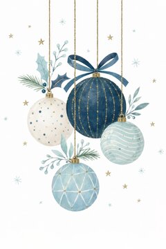 Watercolor Christmas Ornaments in Blue White and Gold Hanging from Delicate Golden Strings with Stars and Soft Botanical Accents in a Refined Festive Composition