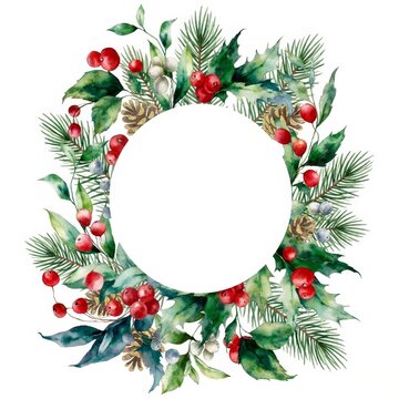 Watercolor Winter Wreath Featuring Green Leaves Pine Needles Red Berries and Small Pinecones Arranged in a Delicate Circular Composition with a Clean White Center