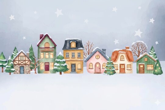 Watercolor Winter Village Scene Featuring a Row of Colorful Houses in Yellow Pink Green and Brown Covered in Snow with Evergreen Trees and a Soft Gray Sky Filled with White Stars Creating a Cozy Festi