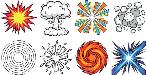 Explosion and impact effects vector set collection featuring comic book style bomb blast cloud smoke shrapnel shatter spiral vortex isolated on white background © MstHura