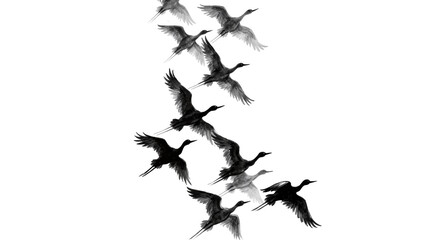 Fototapeta premium Flock of black cranes flying in formation, isolated on transparent background