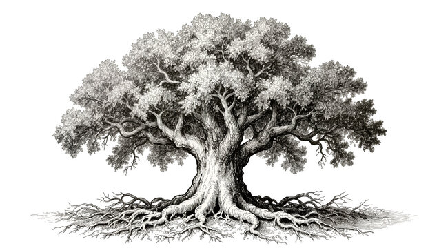 Massive ancient oak tree with sprawling roots detailed foliage, isolated on transparent background