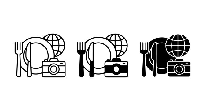 Travel Food Icons Set, Globe Camera Plate Utensils, Culinary Tourism Graphics