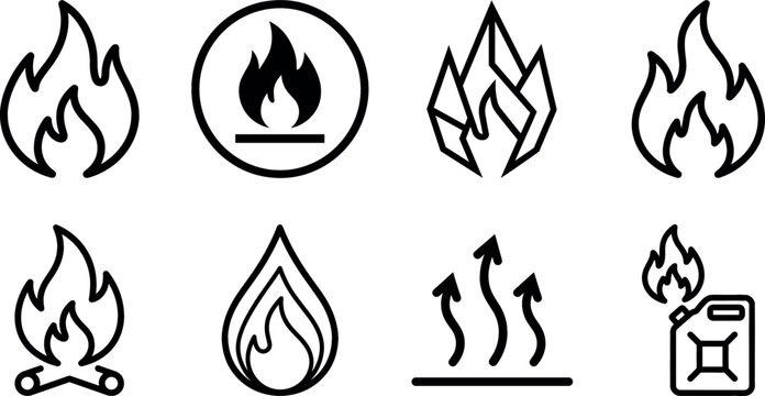 Fire flame black line icon vector set collection featuring campfire flammable hazard warning sign heat steam arrows and jerrycan fuel symbols isolated on white background