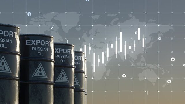 Animated Russian oil export barrels with financial charts and world map backdrop. Ideal for energy, sanctions, economy and geopolitics content. Part of series. 3d Animation, Ultra HD 3840x2160