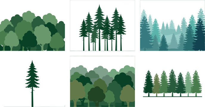 Forest trees silhouettes and green landscape collection with pine fir spruce and deciduous woodland trees for environment nature banners flat vector illustration