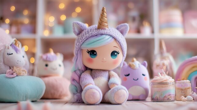 Plush toys and a unicorn doll are displayed in a cozy room during the afternoon with soft lights in the background