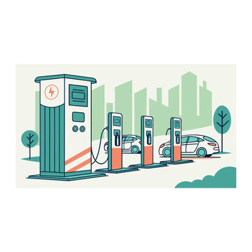 Colorful electric vehicle charging stations with multiple cars and cityscape background, power cord