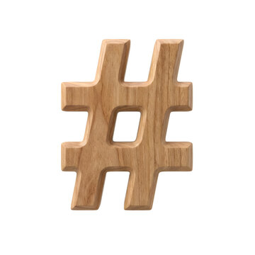 A wooden hashtag symbol carved from light brown wood, isolated on a transparent background.