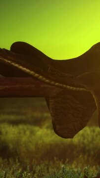 A saddle sits on a wooden structure resembling a horse in a grassy area. The background shows a gradient sky with green and yellow hues at sunset.