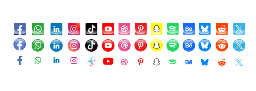 Social Media Modern Shiny Vector Icons Collection Set &ndash; Facebook WhatsApp LinkedIn Instagram TikTok YouTube Dribbble Pinterest Snapchat Spotify Behance Bluesky Reddit X Logos with Modern Glossy Effect