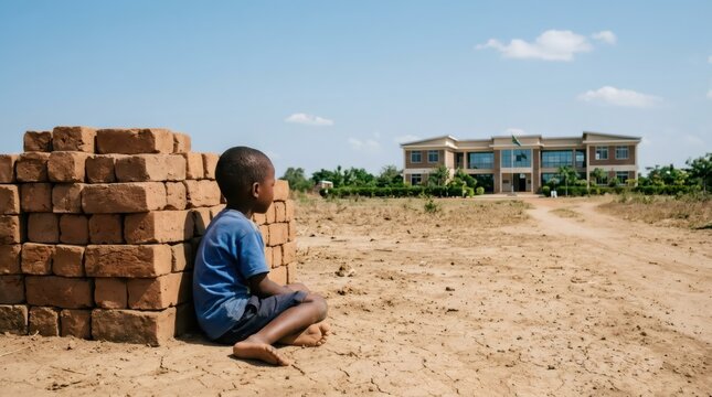 African boy sitting on dry ground looking at a modern school building in the distance. Concept of education inequality, poverty and childhood social challenges in developing country.